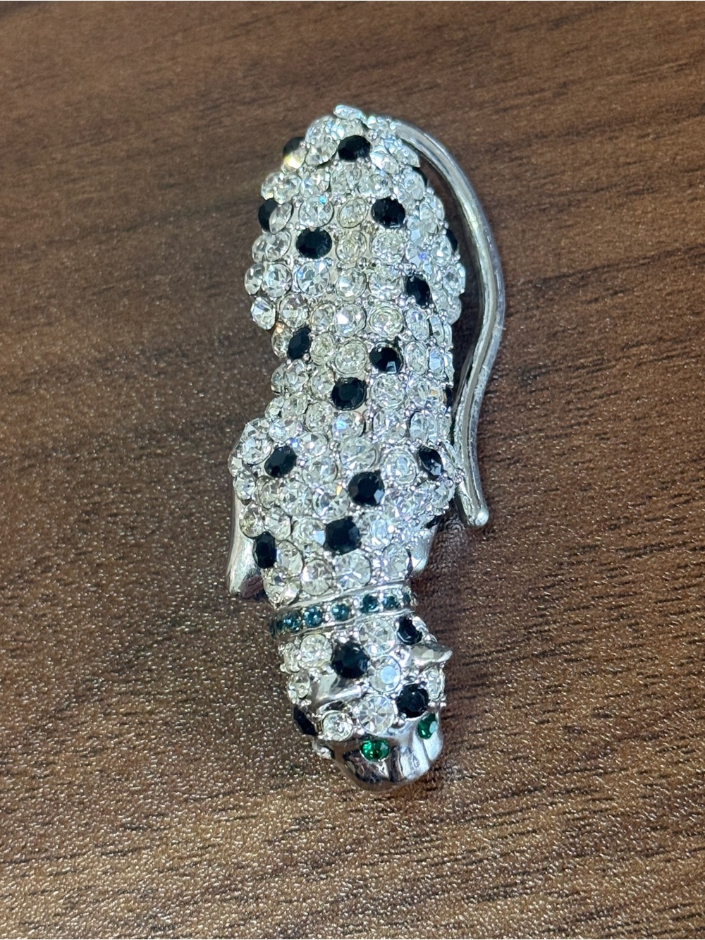 Kenneth Jay Lane Silver-Tone Leopard Brooch with Black Spots and Green Eyes